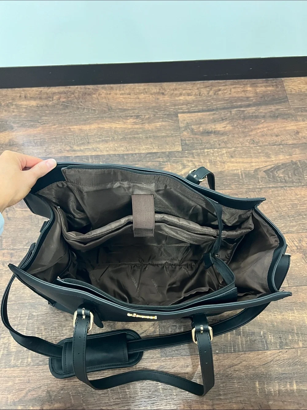 Black Leather Women’s Laptop Bag with Gold Accents